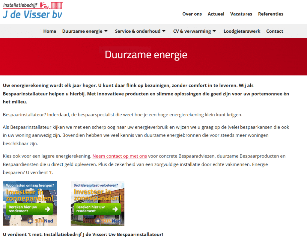 Screenshot van de website van Installatiebedrijf J de Visser bv