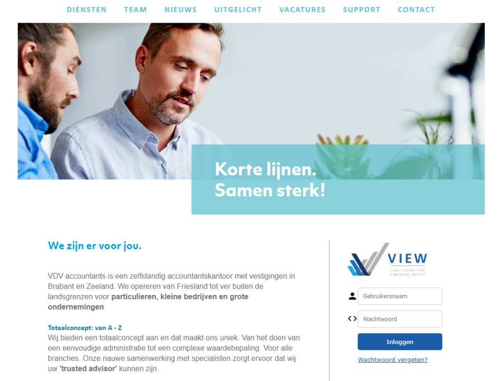 Screenshot van de website van VDV Accountants.